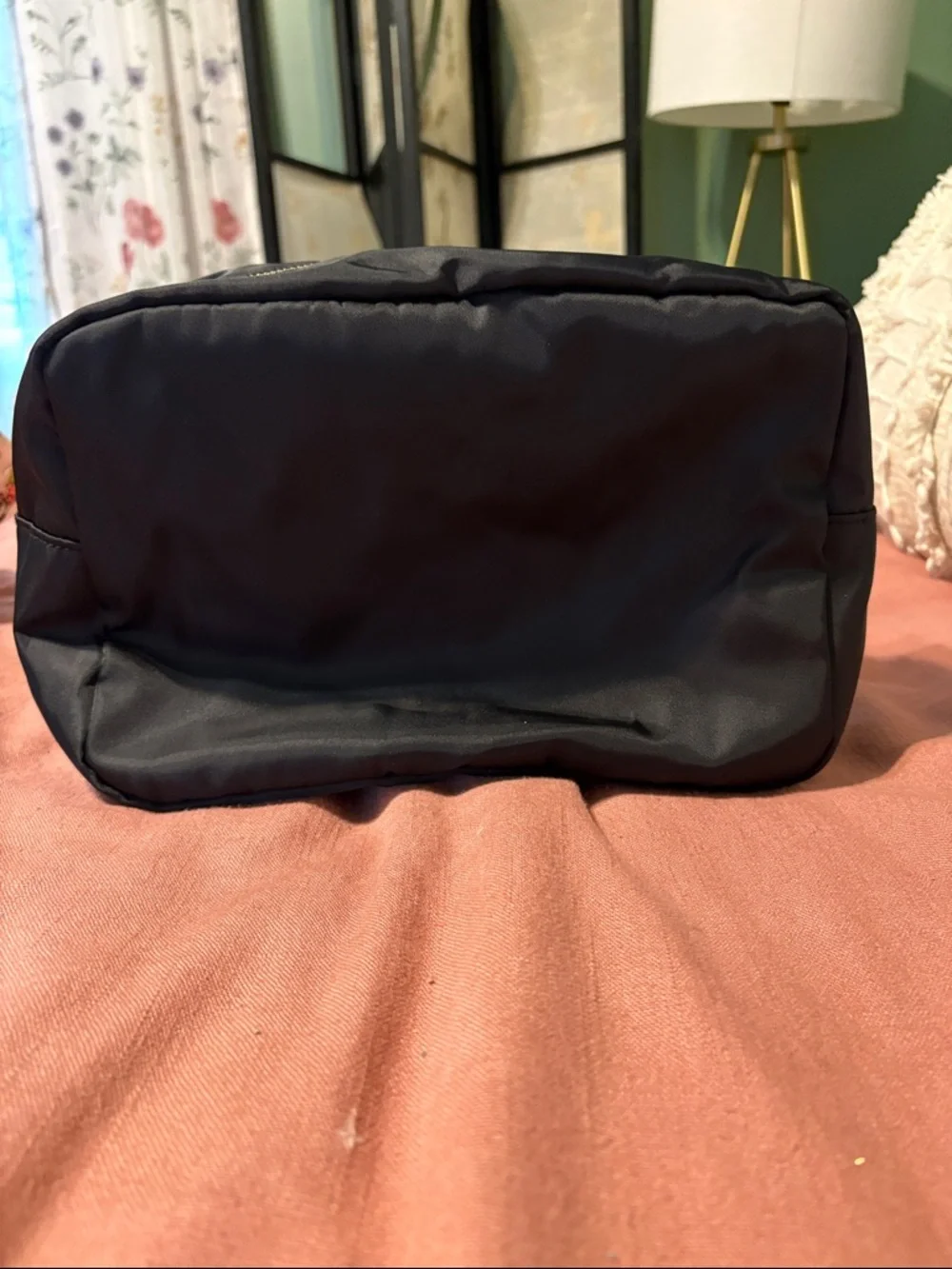 Black Cosmetic Pouch with Orange Pumpkin Embroidered Patch